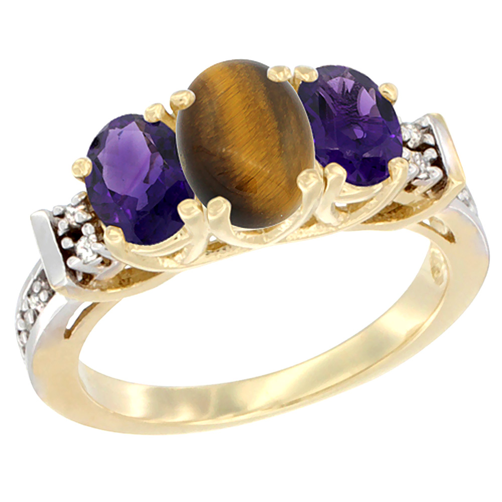 10K Yellow Gold Natural Tiger Eye & Amethyst Ring 3-Stone Oval Diamond Accent