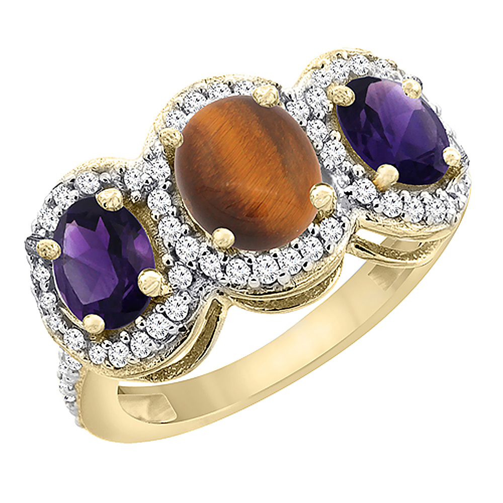 10K Yellow Gold Natural Tiger Eye & Amethyst 3-Stone Ring Oval Diamond Accent, sizes 5 - 10