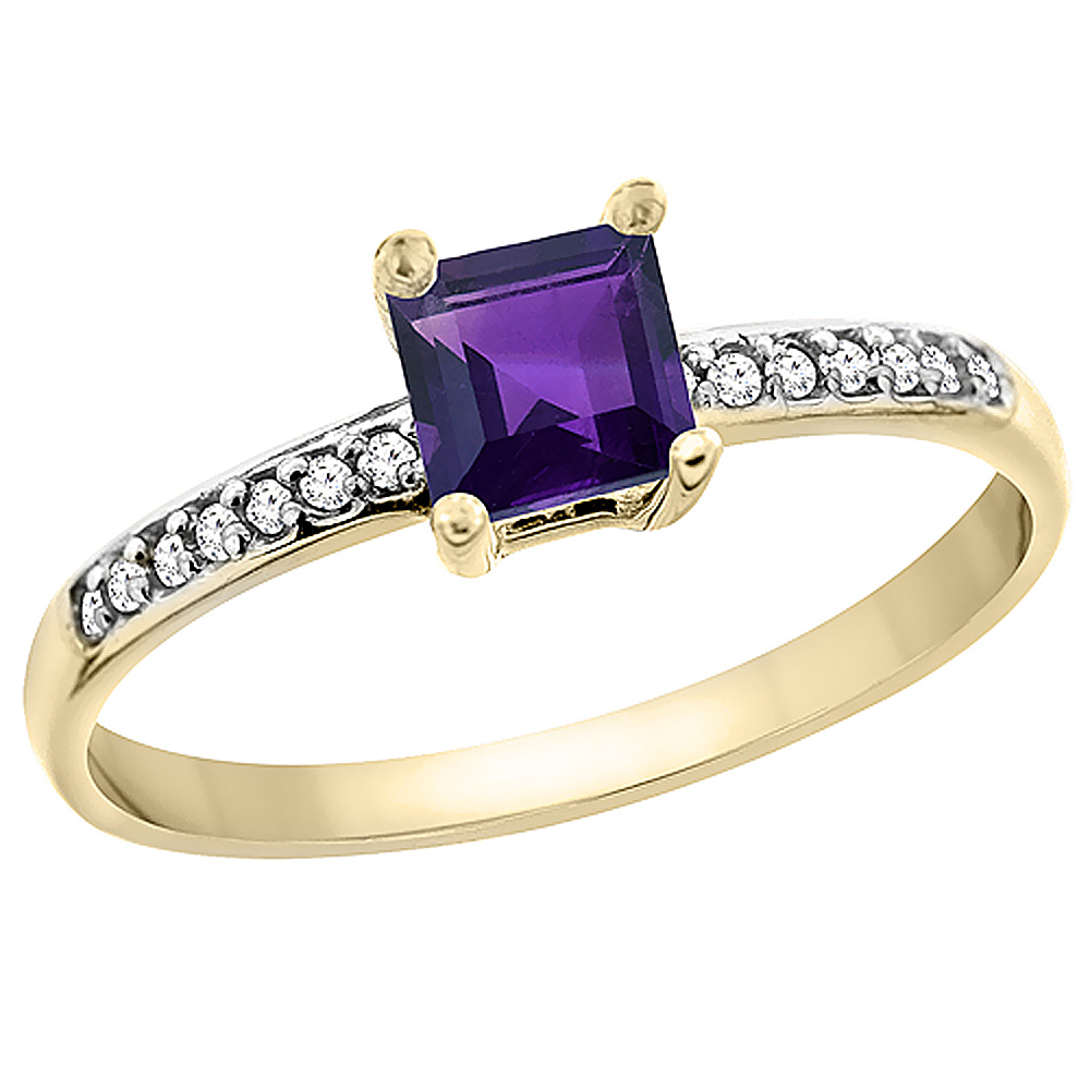 14K Yellow Gold Natural Amethyst Ring Octagon 7x5 mm Diamond Accents