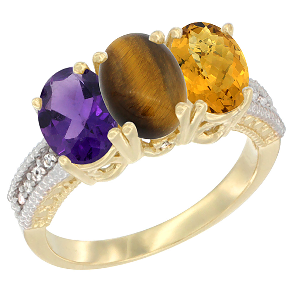14K Yellow Gold Natural Amethyst, Tiger Eye & Whisky Quartz Ring 3-Stone 7x5 mm Oval Diamond Accent, sizes 5 - 10