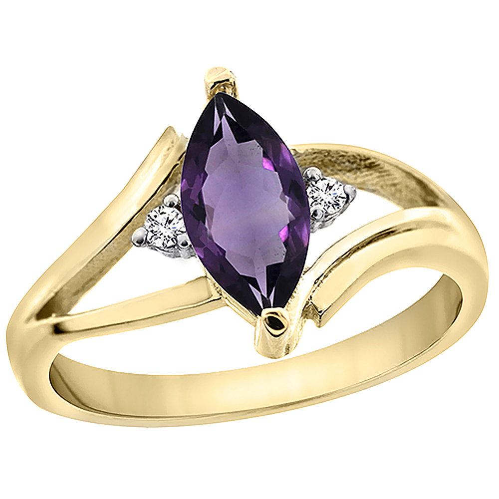 14K Yellow Gold Natural Amethyst Ring Marquise 10x5mm Diamond Accent, sizes 5 - 10 with half sizes
