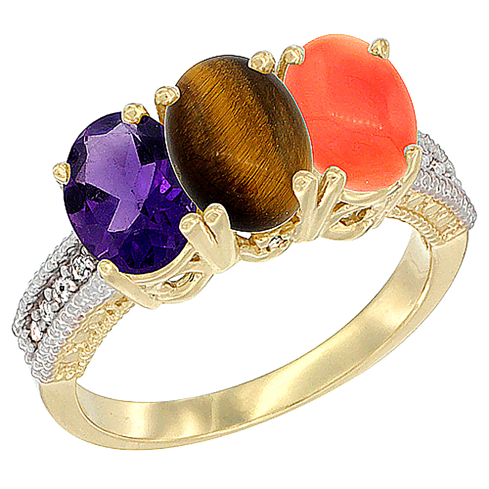 14K Yellow Gold Natural Amethyst, Tiger Eye &amp; Coral Ring 3-Stone 7x5 mm Oval Diamond Accent, sizes 5 - 10