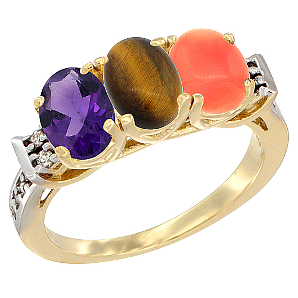 14K Yellow Gold Natural Amethyst, Tiger Eye & Coral Ring 3-Stone 7x5 mm Oval Diamond Accent, sizes 5 - 10