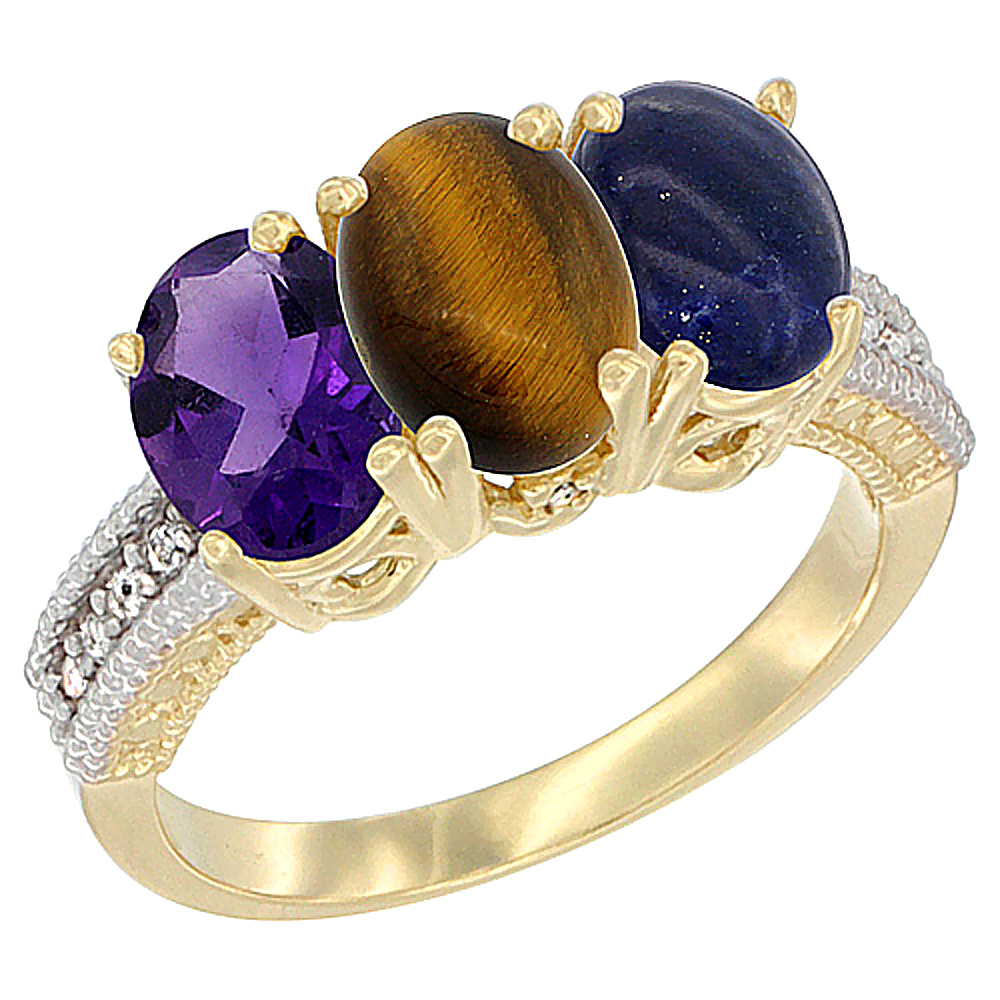 14K Yellow Gold Natural Amethyst, Tiger Eye &amp; Lapis Ring 3-Stone 7x5 mm Oval Diamond Accent, sizes 5 - 10