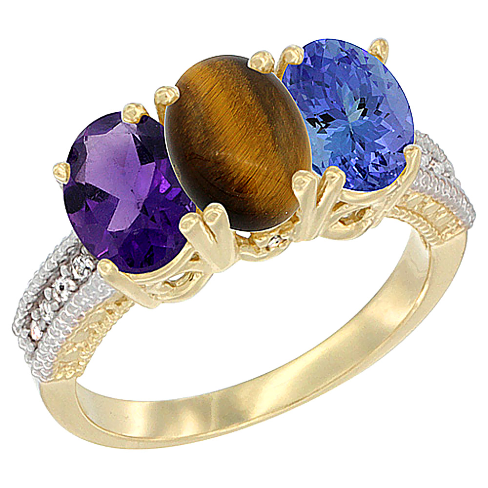 14K Yellow Gold Natural Amethyst, Tiger Eye & Tanzanite Ring 3-Stone 7x5 mm Oval Diamond Accent, sizes 5 - 10
