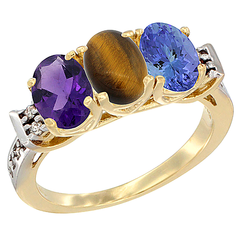 10K Yellow Gold Natural Amethyst, Tiger Eye & Tanzanite Ring 3-Stone Oval 7x5 mm Diamond Accent, sizes 5 - 10