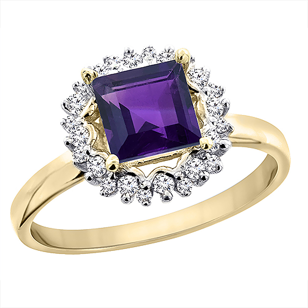 10K Yellow Gold Genuine Amethyst Ring Square 6x6 mm Diamond Accents sizes 5 - 10