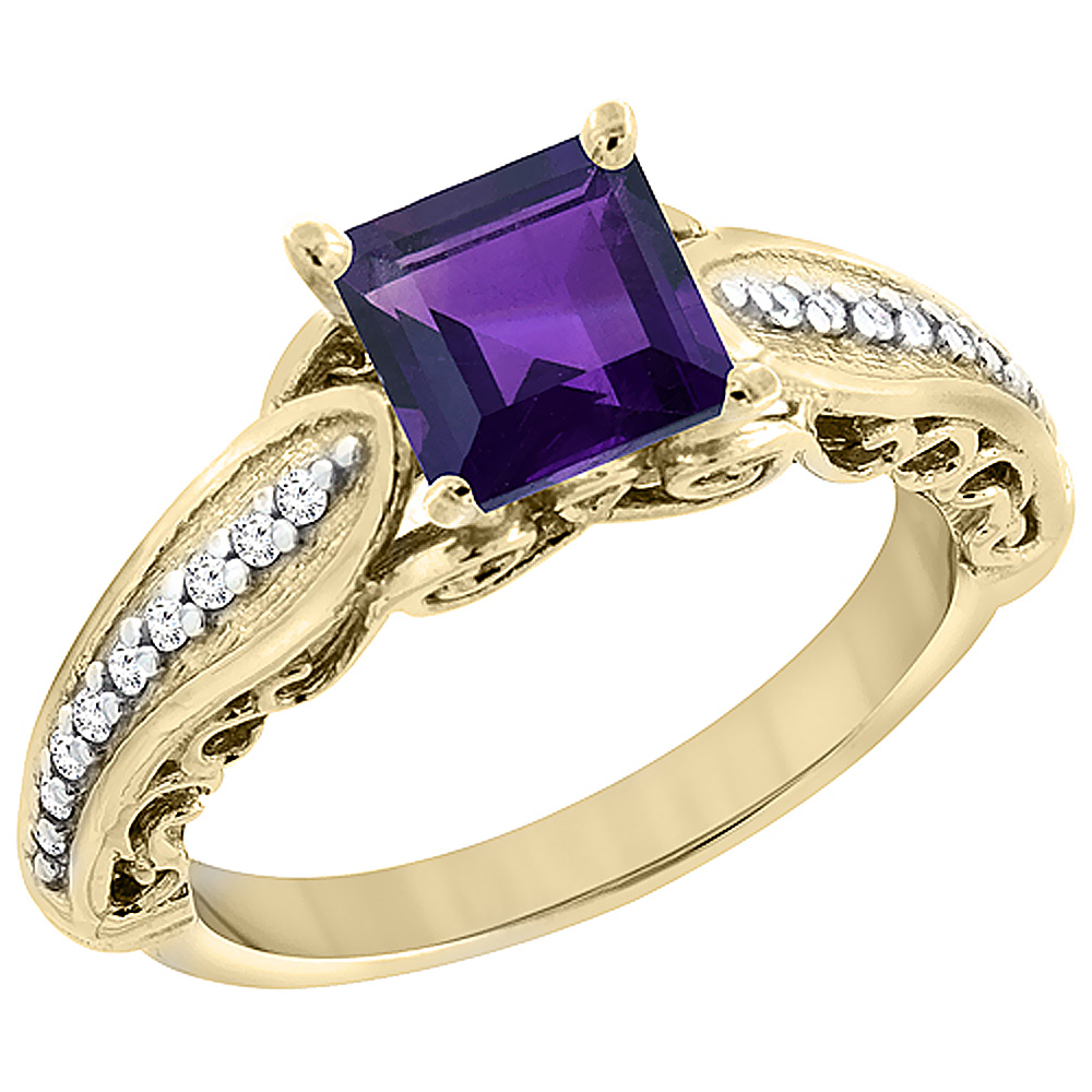 14K Yellow Gold Natural Amethyst Ring Square 8x8mm with Diamond Accents, sizes 5 - 10
