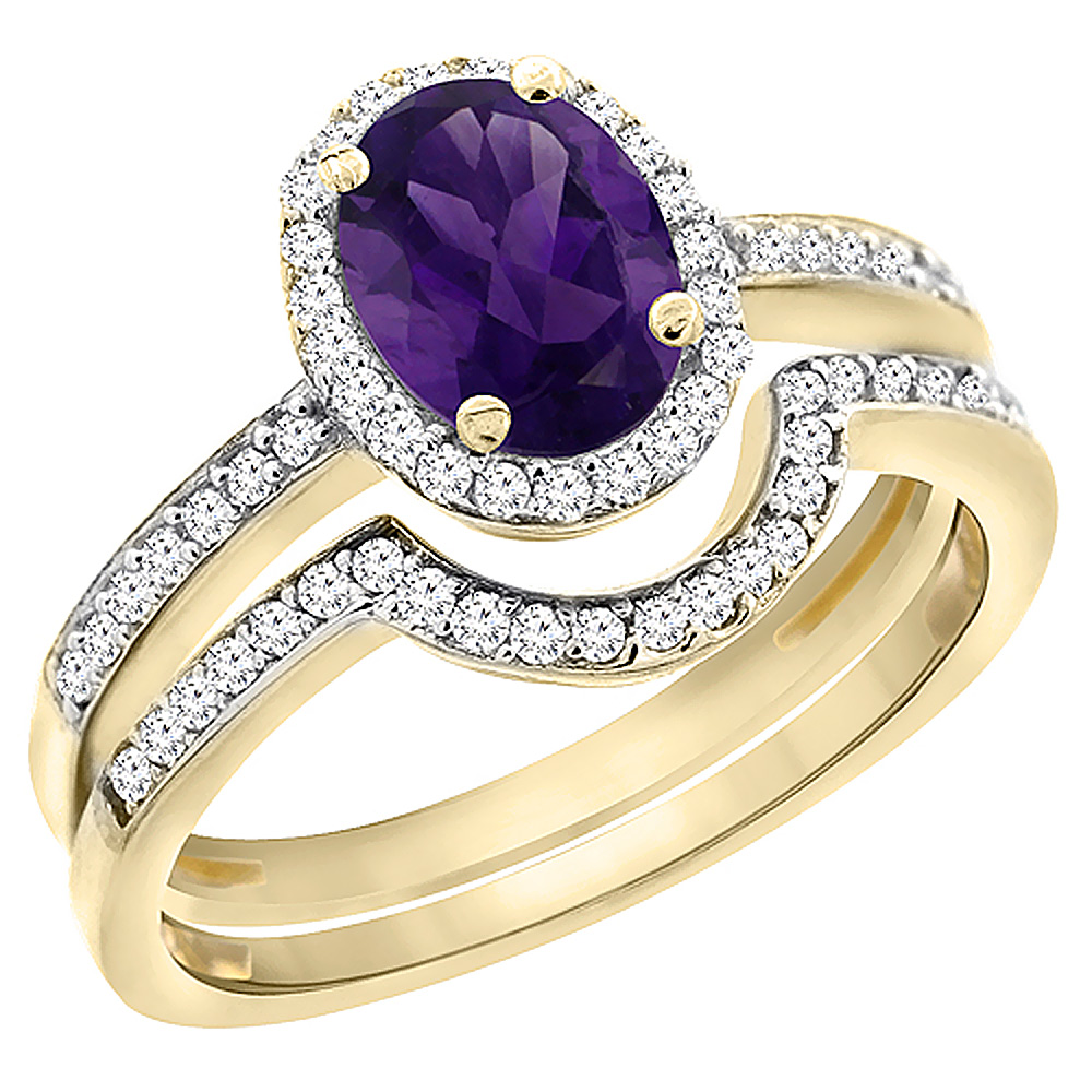 10K Yellow Gold Diamond Natural Amethyst 2-Pc. Engagement Ring Set Oval 8x6 mm, sizes 5 - 10