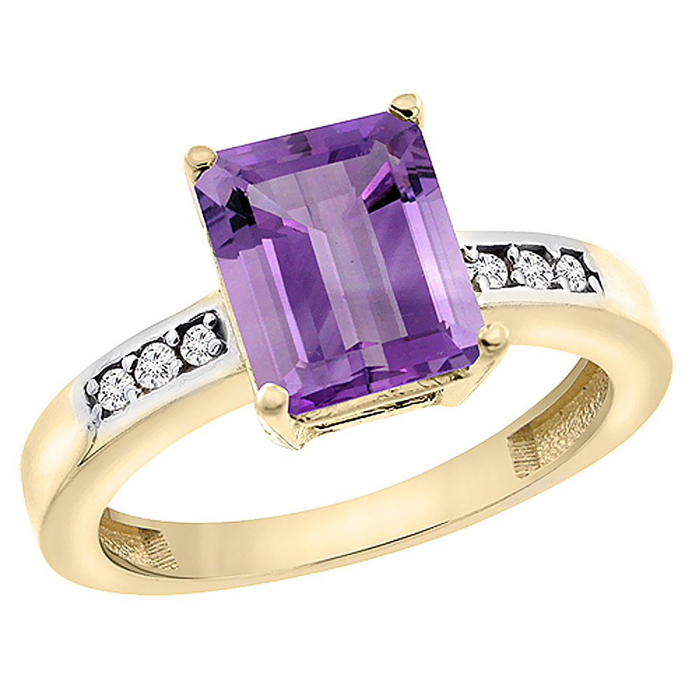 14K Yellow Gold Natural Amethyst Octagon 9x7 mm with Diamond Accents, sizes 5 - 10