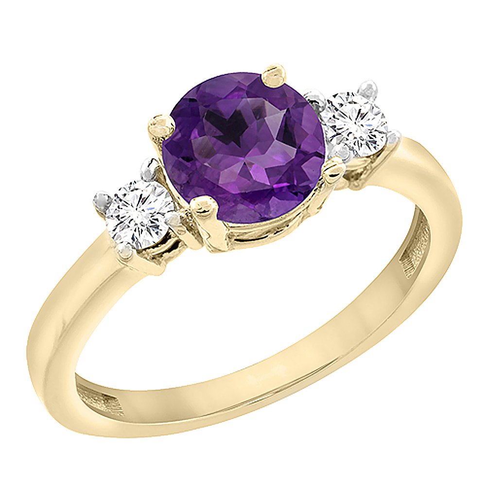 10K Yellow Gold Diamond Natural Amethyst Engagement Ring Round 7mm, sizes 5 to 10 with half sizes