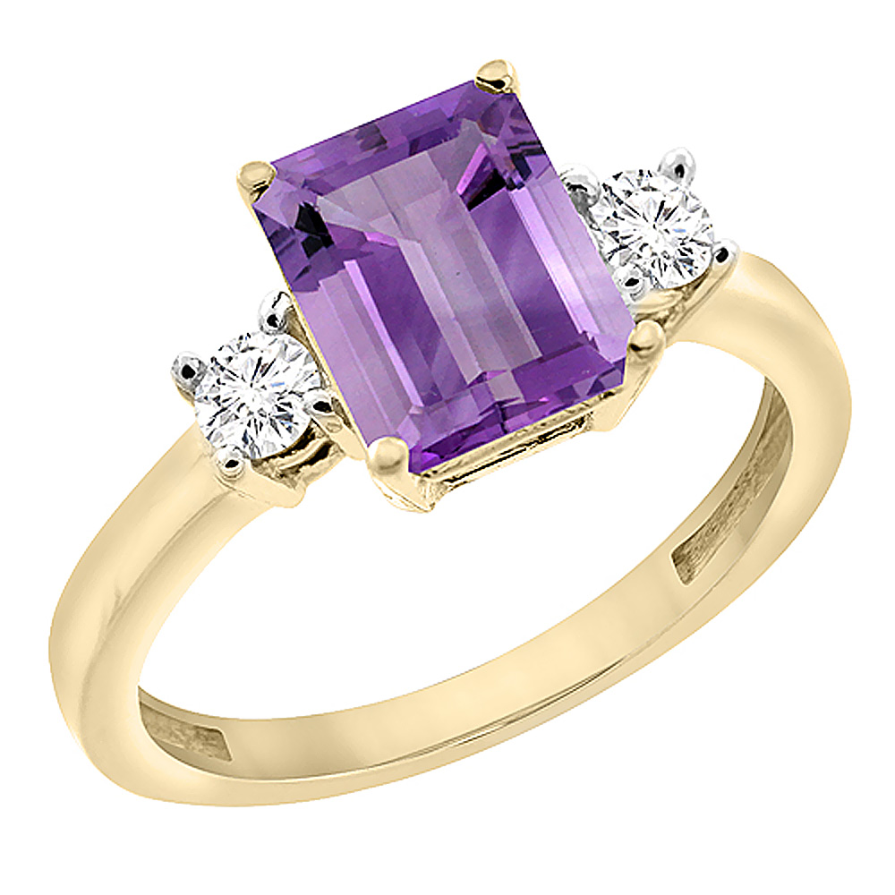 14K Yellow Gold Natural Amethyst Ring Octagon 8x6 mm with Diamond Accents, sizes 5 - 10