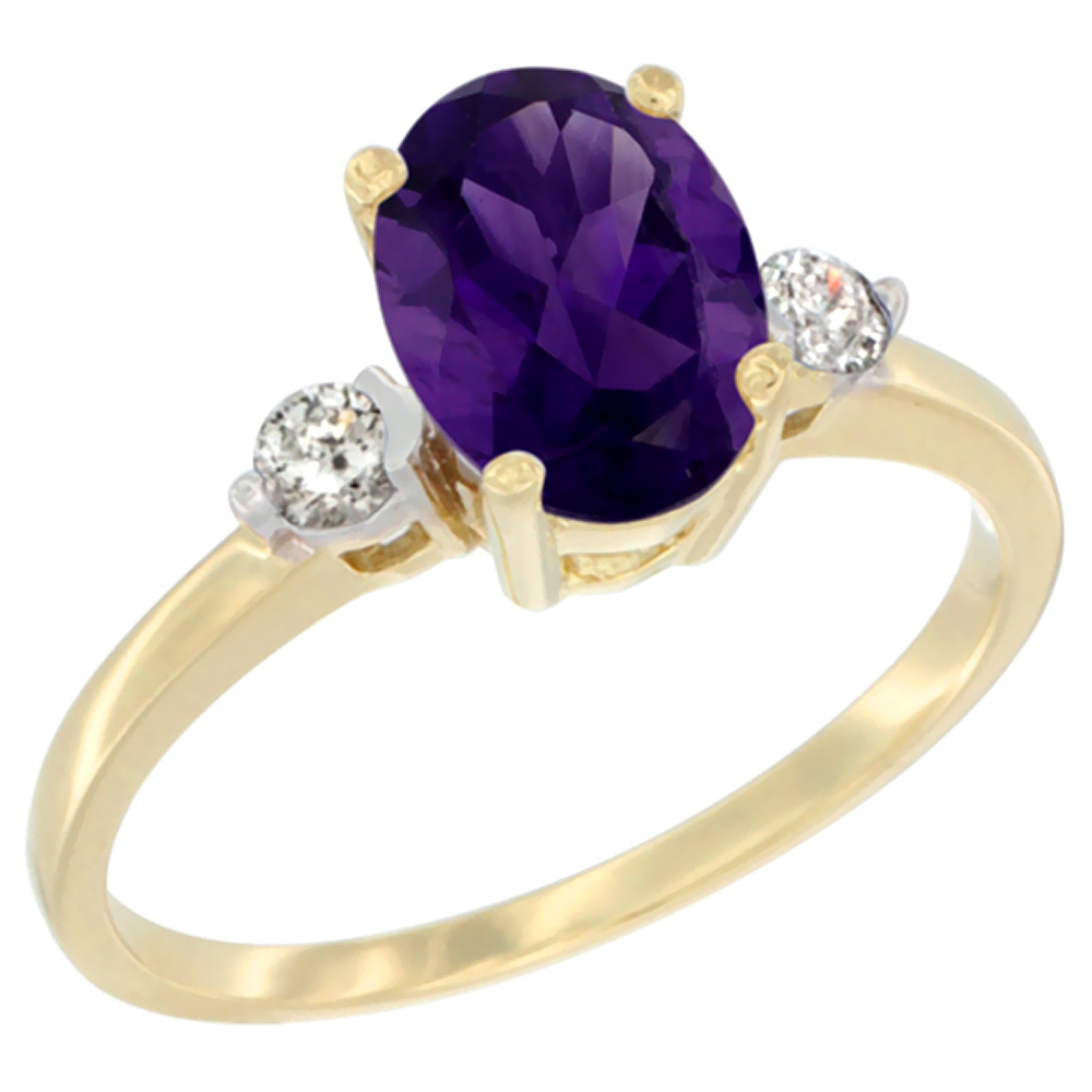 14K Yellow Gold Natural Amethyst Ring Oval 9x7 mm Diamond Accent, sizes 5 to 10