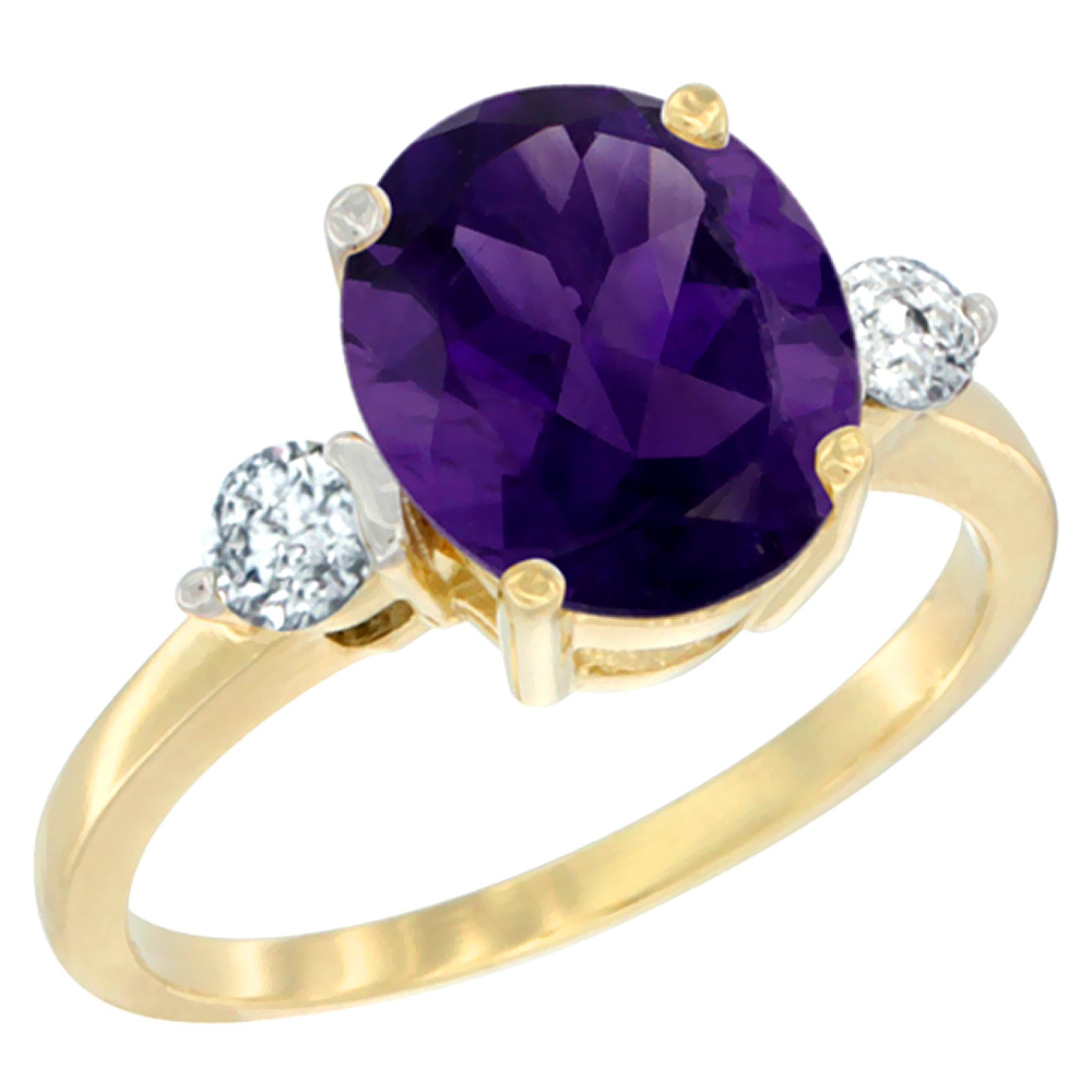 14K Yellow Gold 10x8mm Oval Natural Amethyst Ring for Women Diamond Side-stones sizes 5 - 10