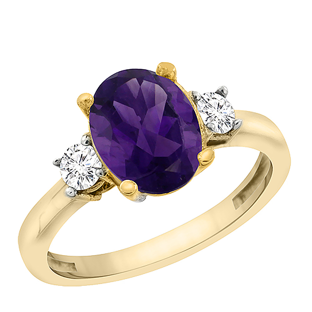 10K Yellow Gold Genuine Amethyst Engagement Ring Oval 10x8 mm Diamond Sides sizes 5 - 10