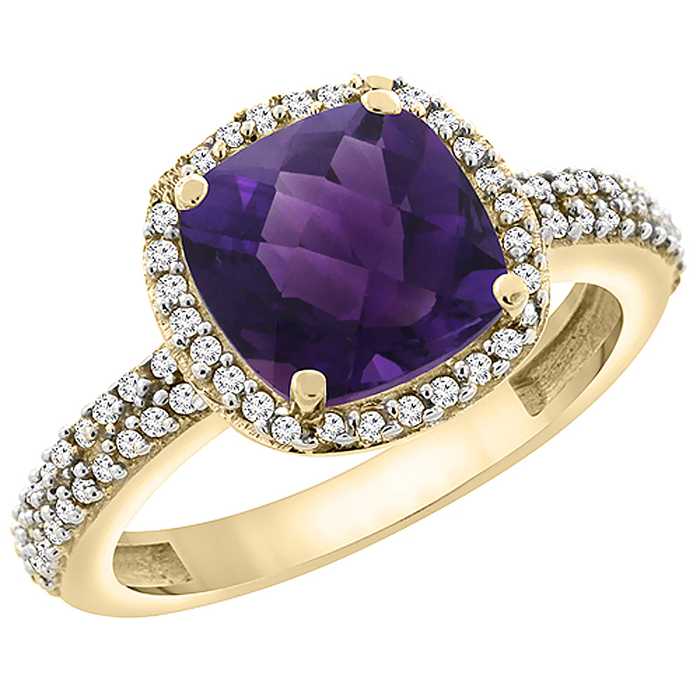 14K Yellow Gold Natural Amethyst Cushion 8x8 mm with Diamond Accents, sizes 5 - 10