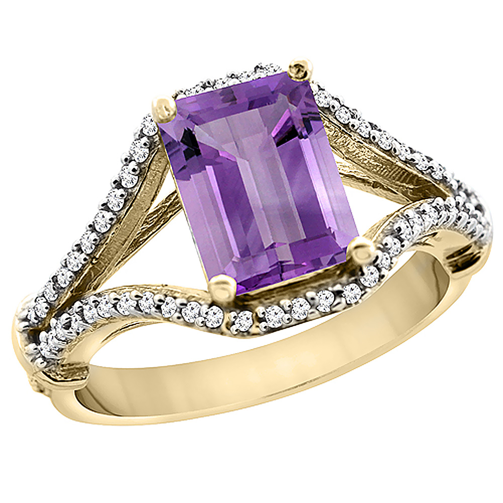 14K Yellow Gold Natural Amethyst Ring Octagon 8x6 mm with Diamond Accents, sizes 5 - 10