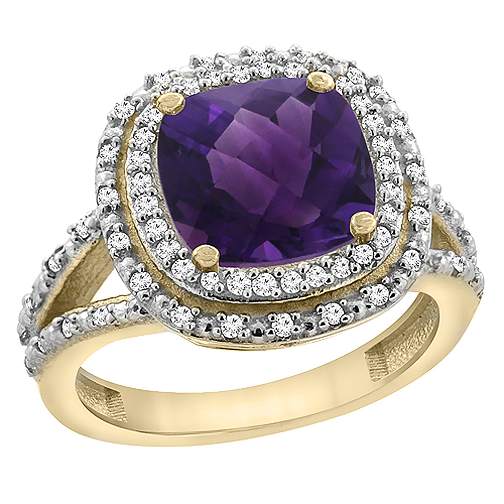 10K Yellow Gold Genuine Amethyst Ring Cushion 8x8 mm with Diamond Accents sizes 5 - 10