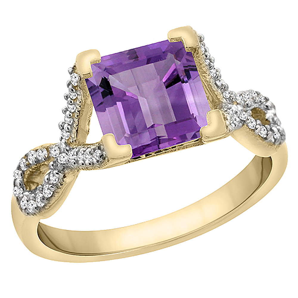 10K Yellow Gold Genuine Amethyst Ring Square 7x7 mm Diamond Accents sizes 5 to 10