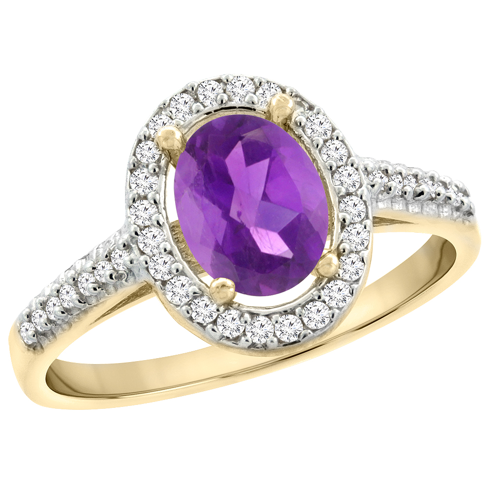 14K Yellow Gold Natural Amethyst Engagement Ring Oval 7x5 mm Diamond Halo, sizes 5 - 10