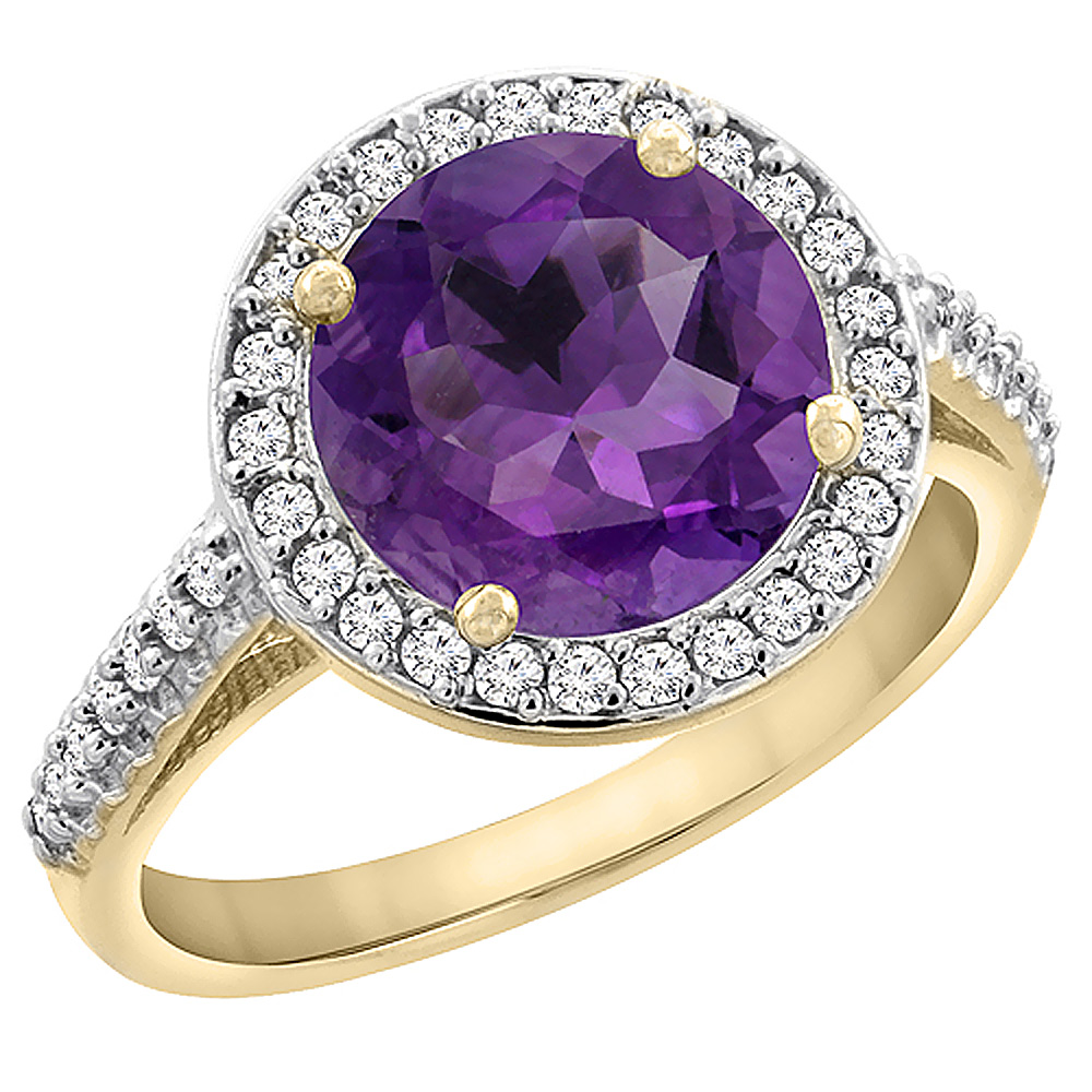 14K Yellow Gold Natural Amethyst Ring Round 8mm Diamond Halo, sizes 5 to 10