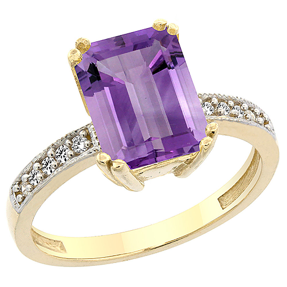 14K Yellow Gold Natural Amethyst Ring Octagon 10x8mm Diamond Accent, sizes 5 to 10