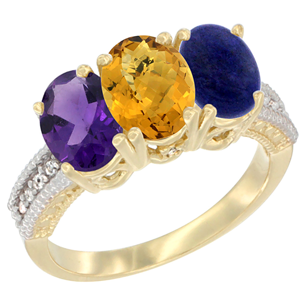 14K Yellow Gold Natural Amethyst, Whisky Quartz & Lapis Ring 3-Stone 7x5 mm Oval Diamond Accent, sizes 5 - 10