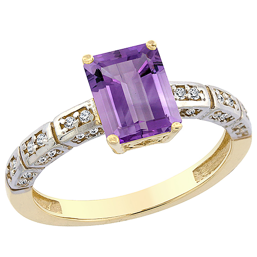 14K Yellow Gold Natural Amethyst Octagon 8x6 mm with Diamond Accents, sizes 5 - 10