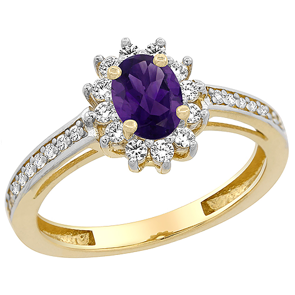 10K Yellow Gold Diamond Halo Genuine Amethyst Flower Ring Oval 6x4 mm Accents sizes 5 - 10
