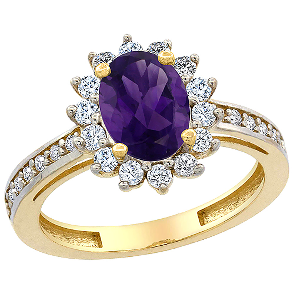 10K Yellow Gold Diamond Halo Genuine Amethyst Floral Ring Oval 8x6mm Accents sizes 5 - 10