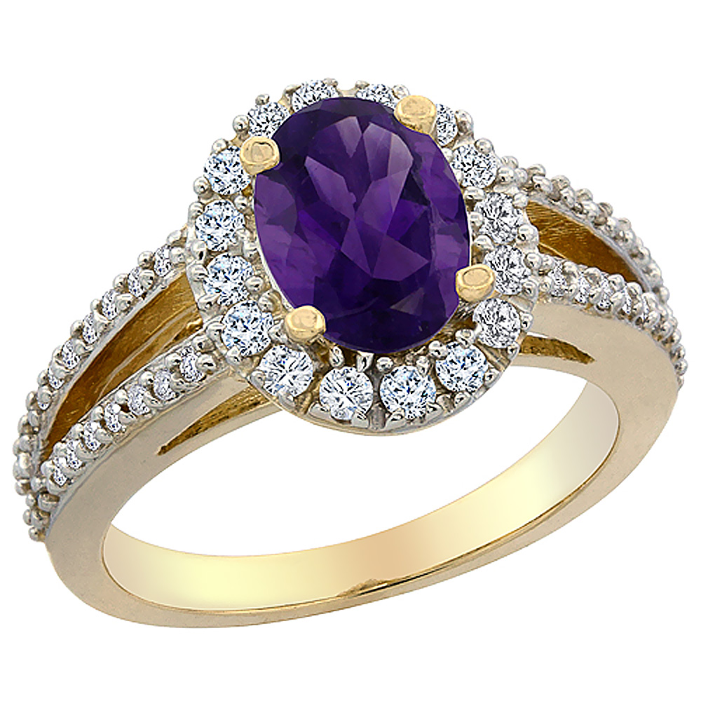 14K Yellow Gold Natural Amethyst Halo Ring Oval 8x6 mm with Diamond Accents, sizes 5 - 10