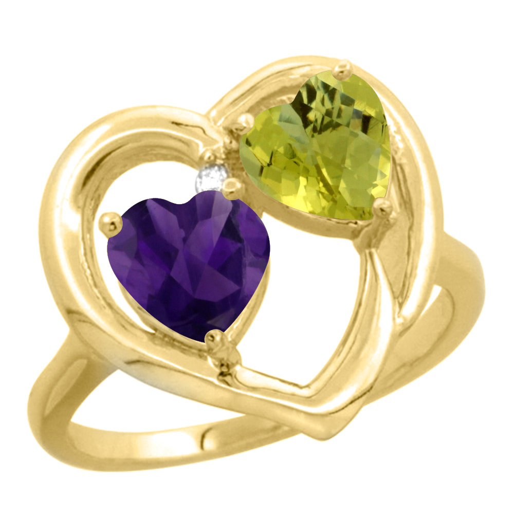 14K Yellow Gold Diamond Two-stone Heart Ring 6mm Natural Amethyst &amp; Lemon Quartz, sizes 5-10