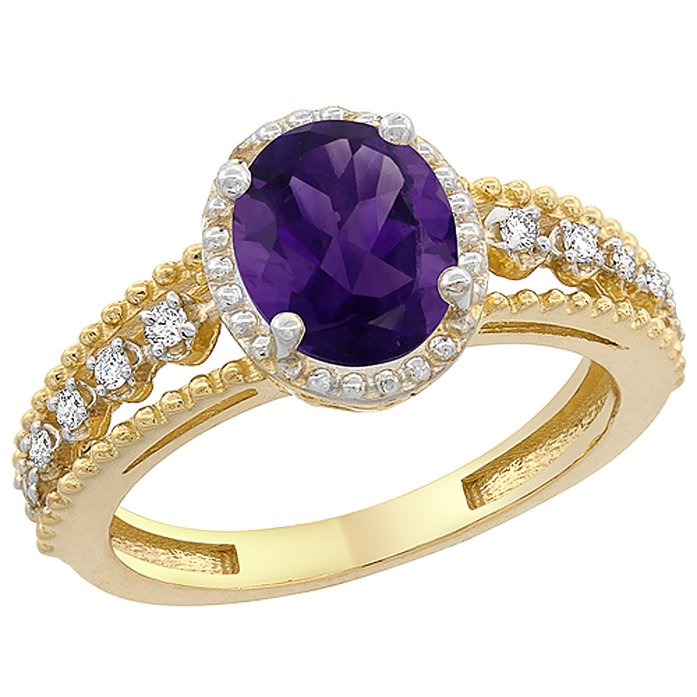 10K Yellow Gold Genuine Amethyst Ring Oval 9x7 mm Floating Diamond Accents sizes 5 - 10