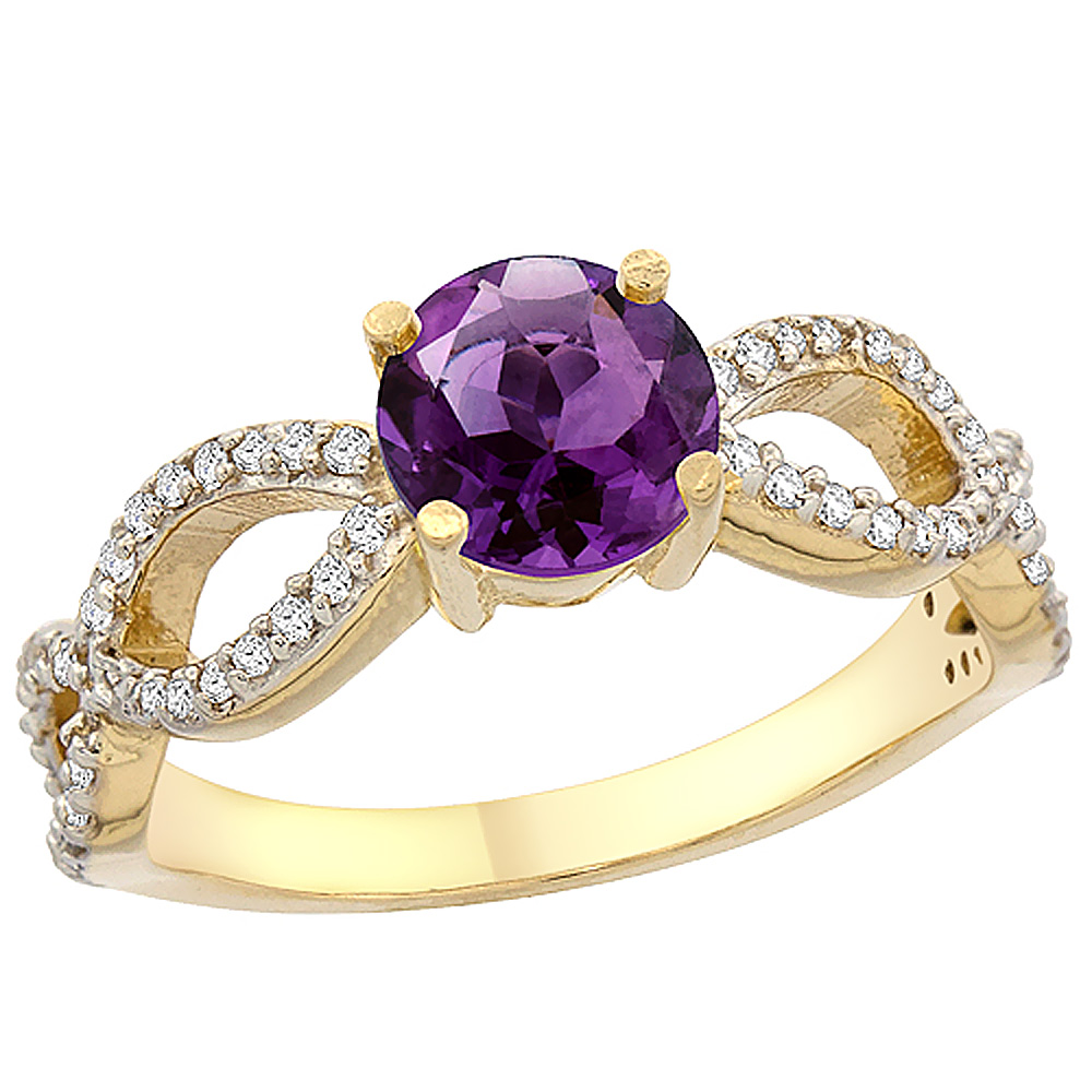 14K Yellow Gold Natural Amethyst Ring Round 6mm Infinity Diamond Accents, sizes 5 - 10