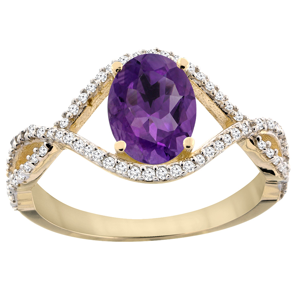14K Yellow Gold Natural Amethyst Ring Oval 8x6 mm Infinity Diamond Accents, sizes 5 - 10