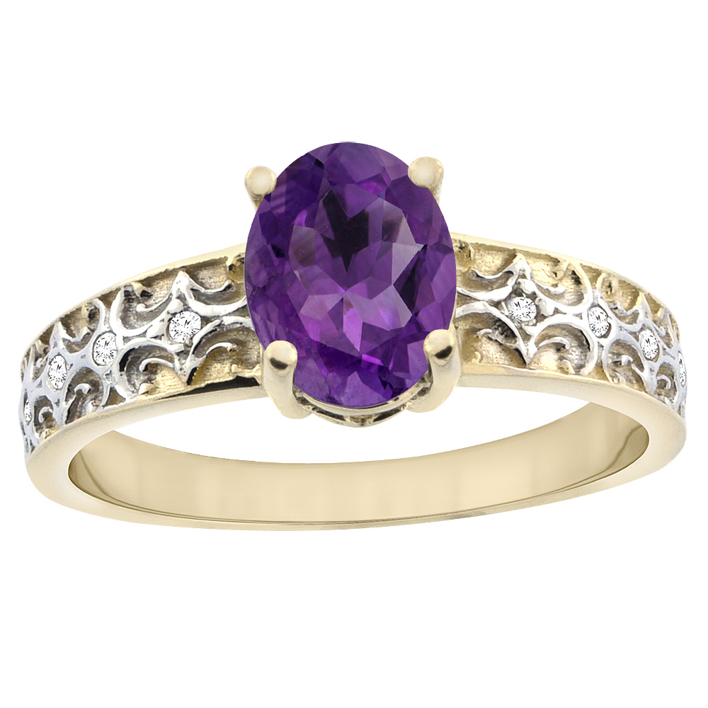 10K Yellow Gold Genuine Amethyst Ring Oval 8x6 mm Diamond Accents sizes 5 - 10