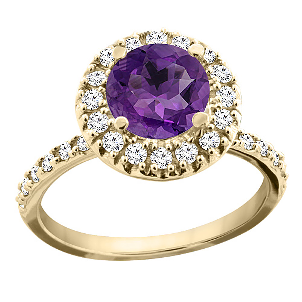 14K Yellow Gold Natural Amethyst Ring Round 8mm Floating Halo Diamond, sizes 5 - 10