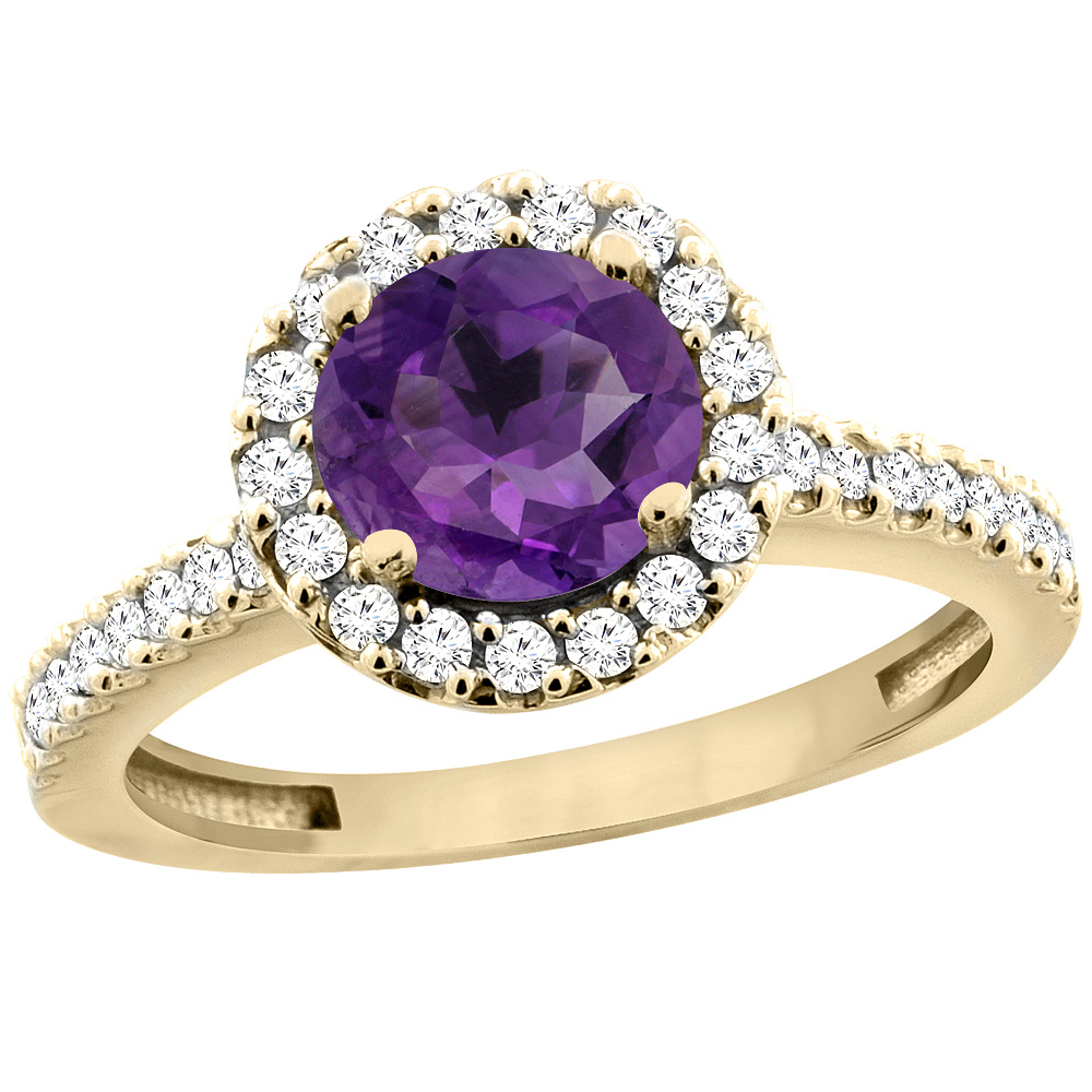 14K Yellow Gold Natural Amethyst Ring Round 6mm Floating Halo Diamond, sizes 5 - 10
