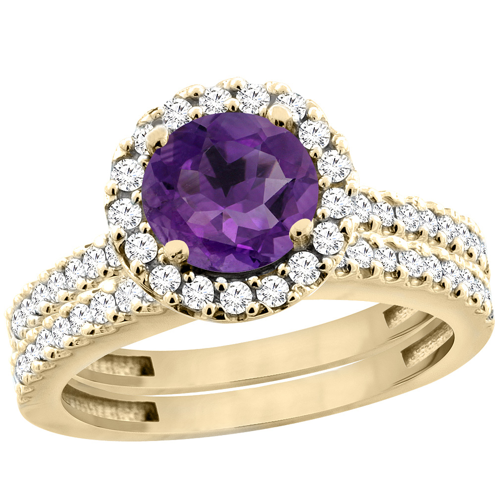 14K Yellow Gold Natural Amethyst Round 6mm 2-Piece Engagement Ring Set Floating Halo Diamond, sizes 5 - 10