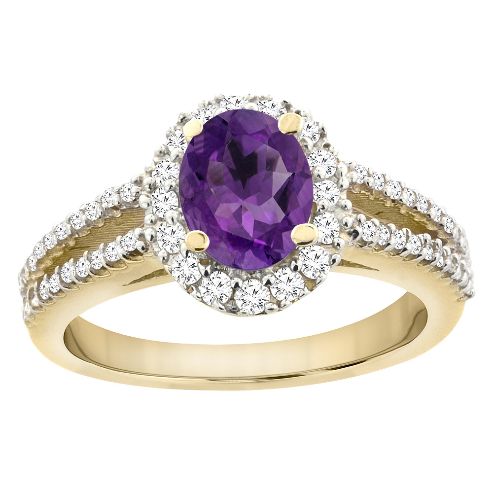 14K Yellow Gold Natural Amethyst Split Shank Halo Engagement Ring Oval 7x5 mm, sizes 5 - 10