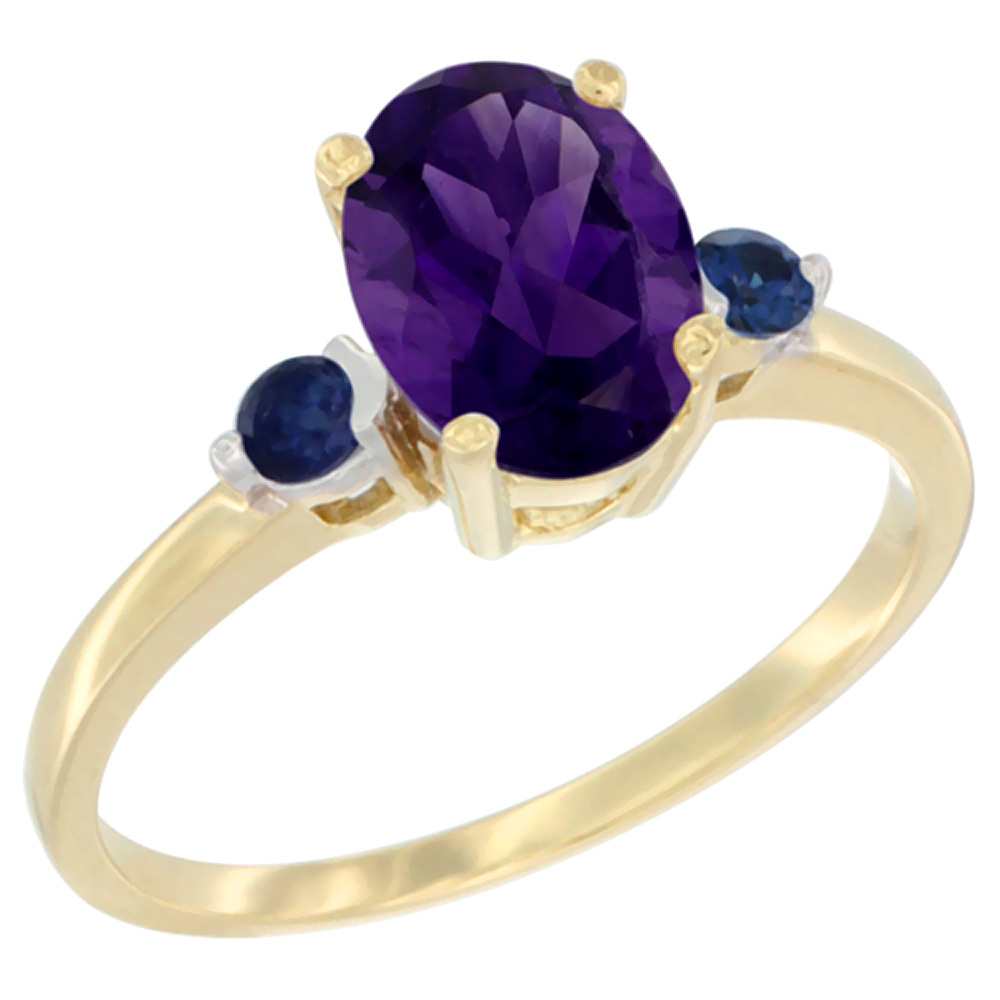14K Yellow Gold Natural Amethyst Ring Oval 9x7 mm Blue Sapphire Accent, sizes 5 to 10