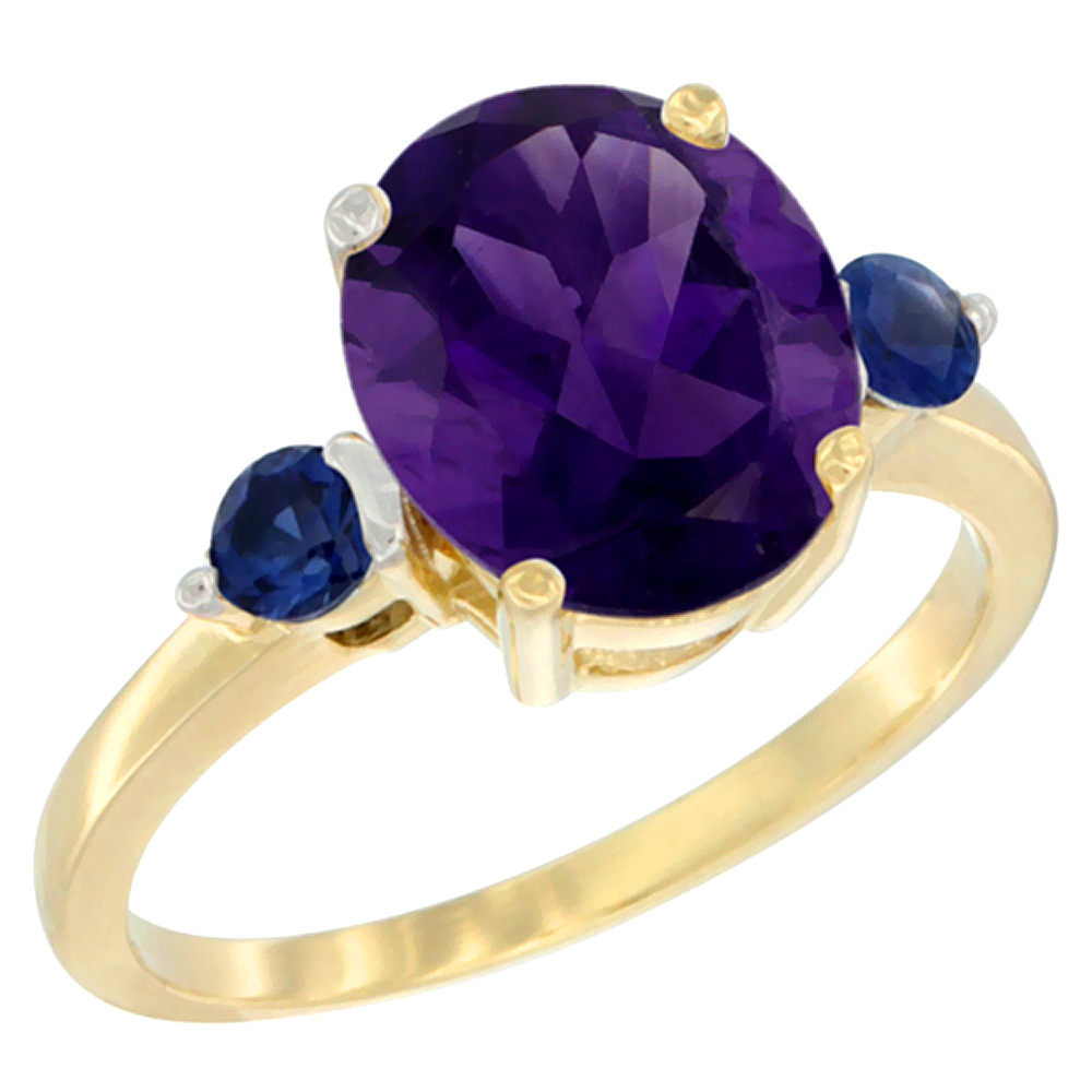 10K Yellow Gold 10x8mm Oval Natural Amethyst Ring for Women Blue Sapphire Side-stones sizes 5 - 10