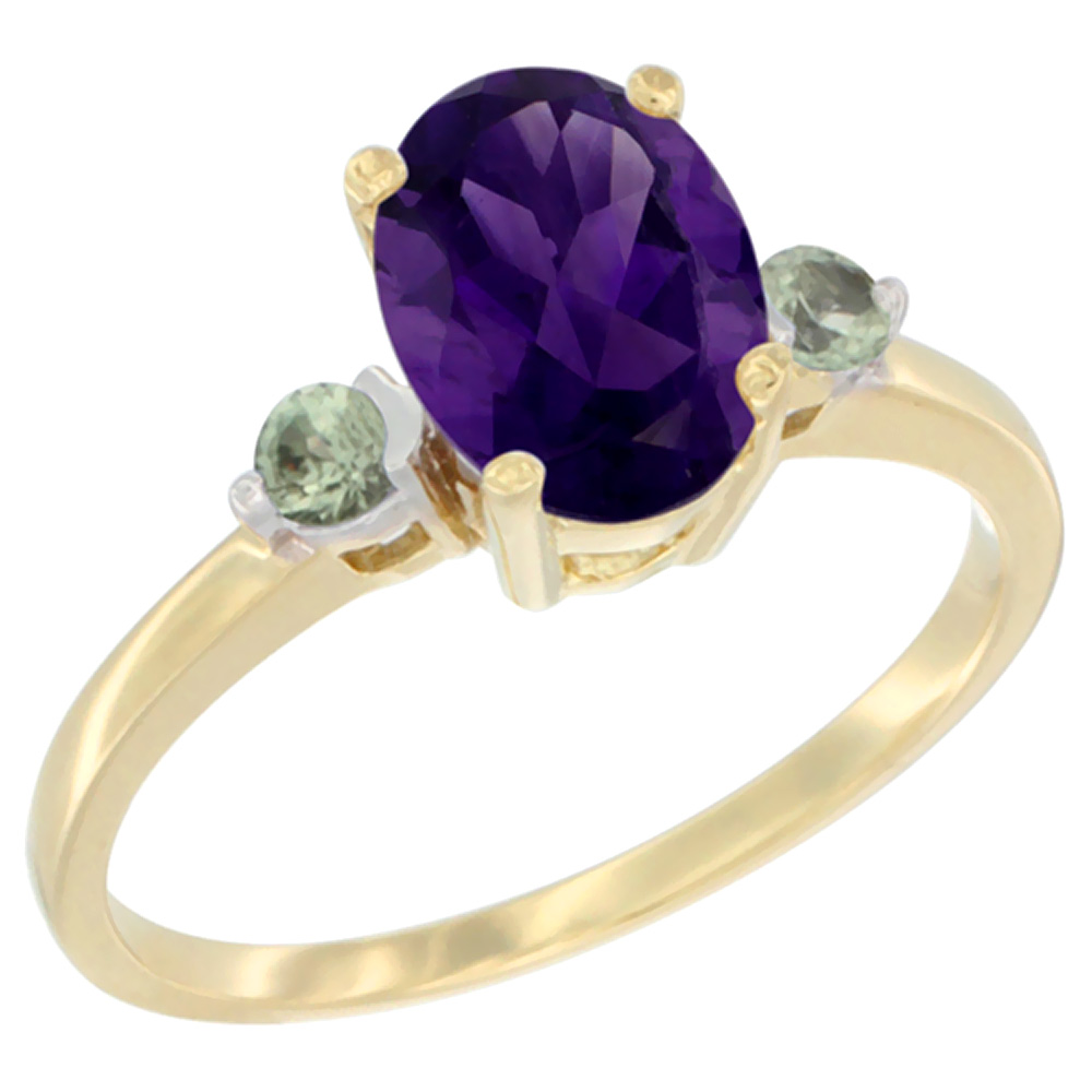 14K Yellow Gold Natural Amethyst Ring Oval 9x7 mm Green Sapphire Accent, sizes 5 to 10