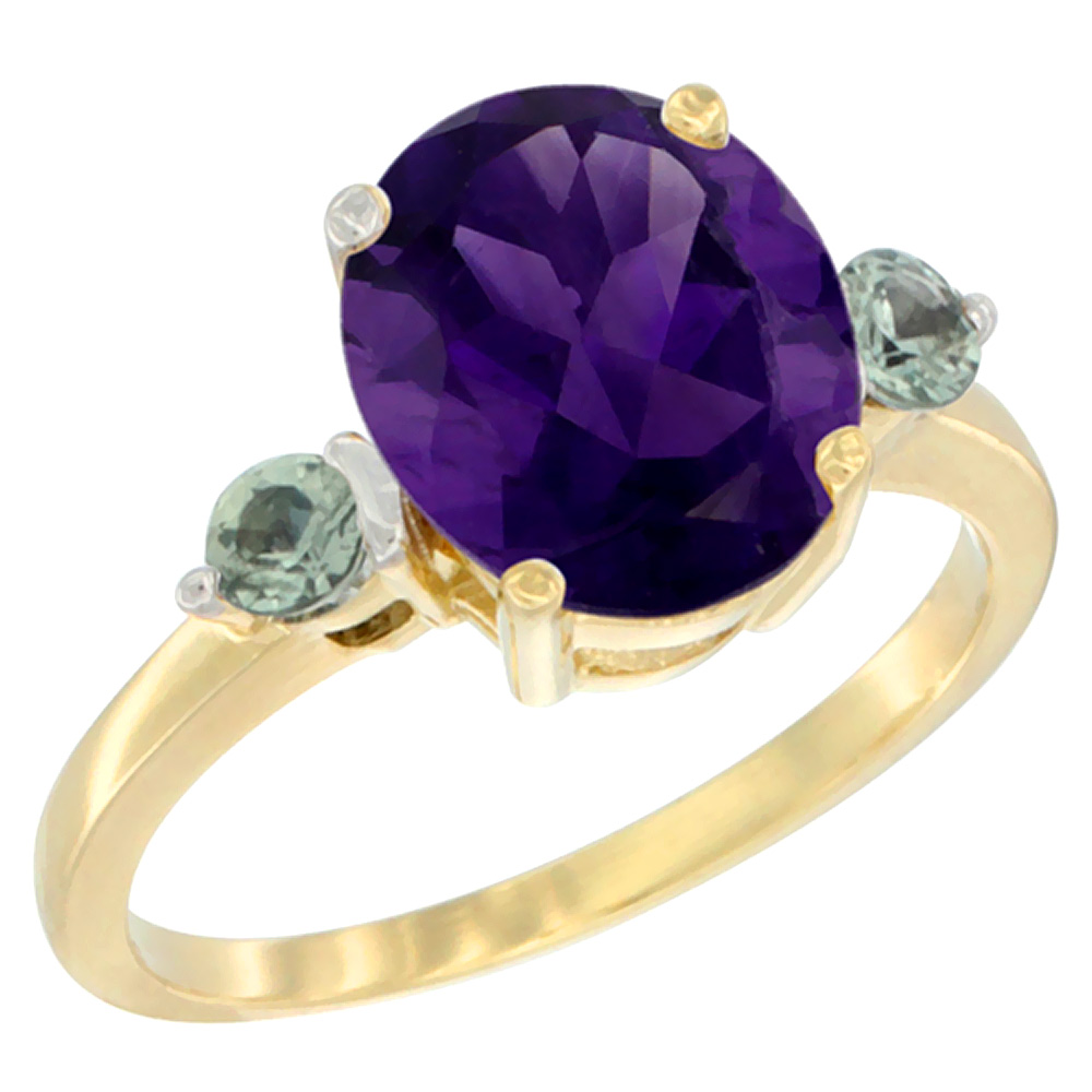 14K Yellow Gold 10x8mm Oval Natural Amethyst Ring for Women Green Sapphire Side-stones sizes 5 - 10