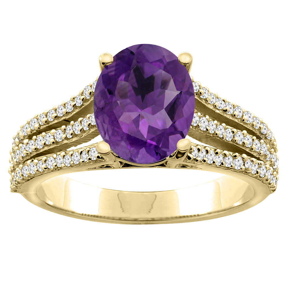 14K Yellow Gold Natural Amethyst Tri-split Ring Cushion-cut 8x6mm Diamond Accents 5/16 inch wide, sizes 5 - 10