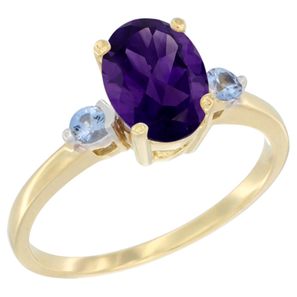 14K Yellow Gold Natural Amethyst Ring Oval 9x7 mm Light Blue Sapphire Accent, sizes 5 to 10