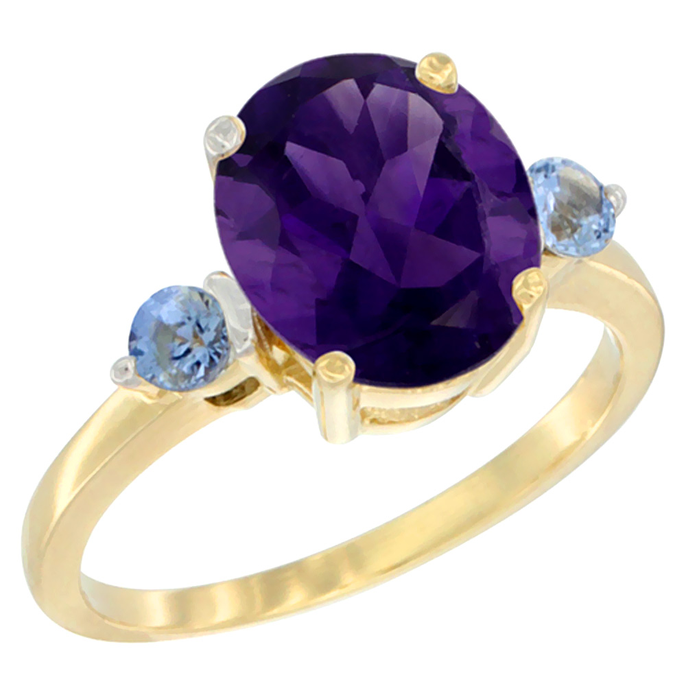 14K Yellow Gold 10x8mm Oval Natural Amethyst Ring for Women Light Blue Sapphire Side-stones sizes 5 - 10