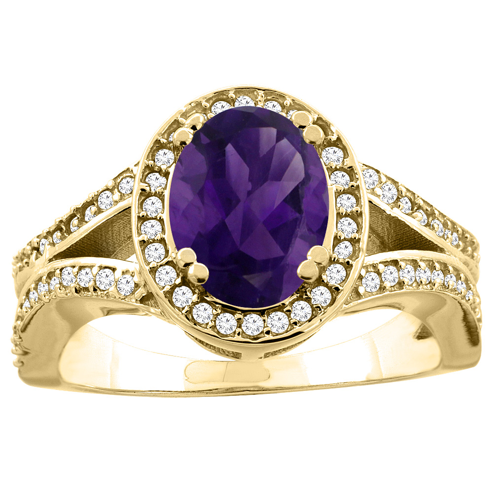 14k Gold Diamond Halo Genuine Gemstone Color Ring Split Shank Oval 8x6mm, size 5-10