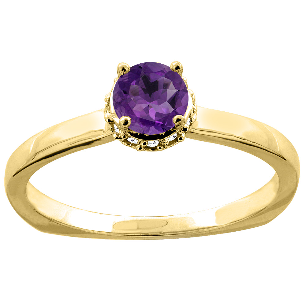 10K Yellow Gold Genuine Amethyst Solitaire Engagement Ring Round 4mm Diamond Accents size 6.5