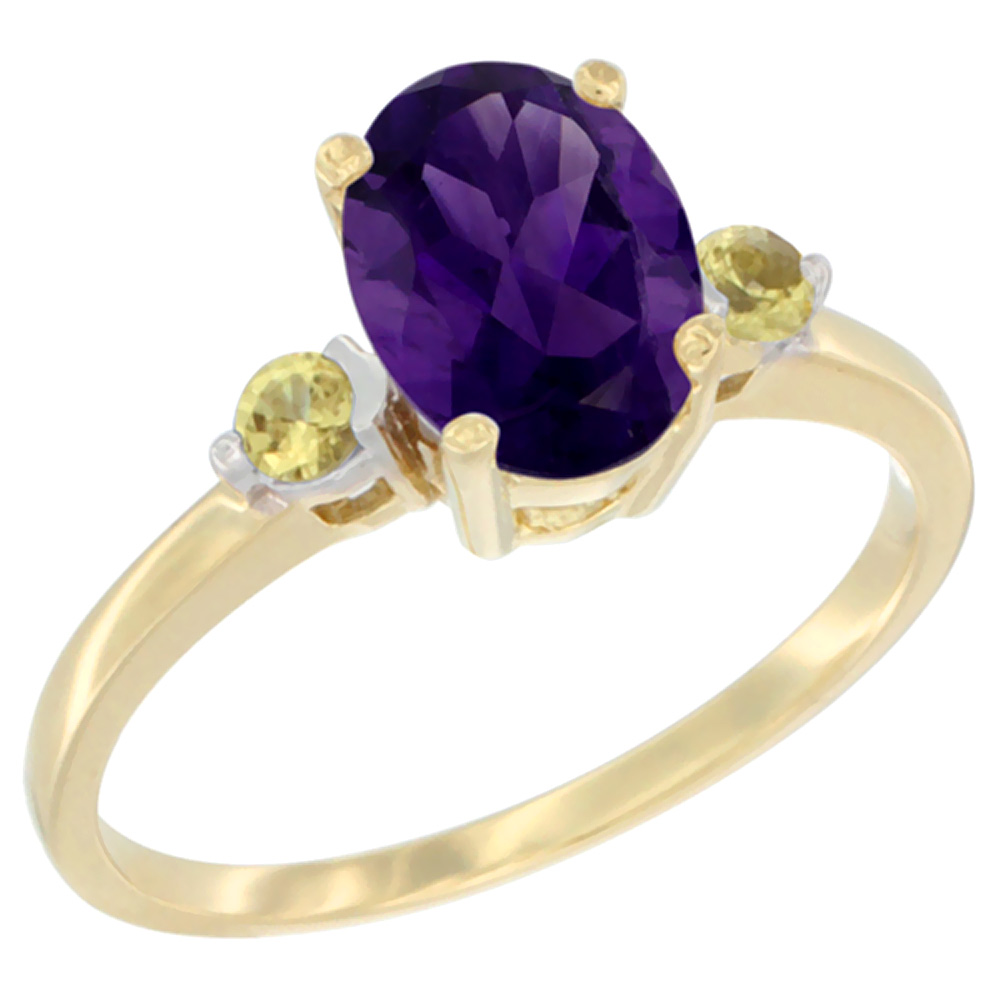 10K Yellow Gold Natural Amethyst Ring Oval 9x7 mm Yellow Sapphire Accent, sizes 5 to 10